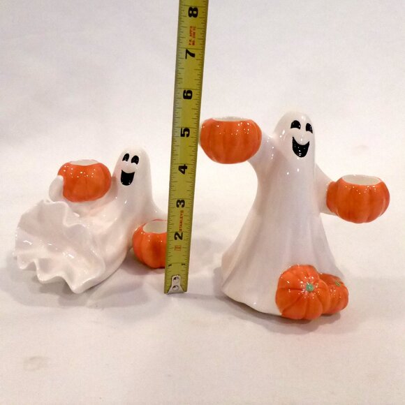 NEW 2004 FITZ & FLOYD HALLOWEEN CERAMIC SMILING GHOST TAPER CANDLE HOLDER SET - Picture 4 of 13